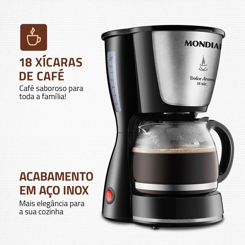 Cafeteira Mondial Dolce Arome prepara 18 xícaras com acabamento em aço inox