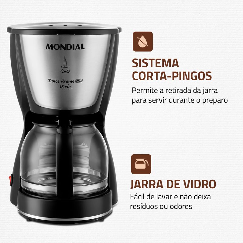Cafeteira Elétrica Mondial Dolce Arome 18 Xícaras - Filtro Permanente, Jarra de Vidro e Corta-Pingos