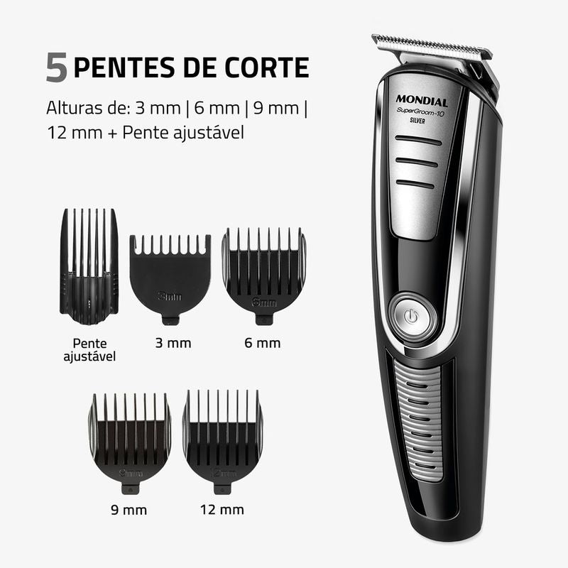 Os 5 pentes guia do Super Groom: 3, 6, 9, 12 mm e pente ajustável
