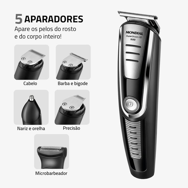 Aparador de Pelos Mondial Super Groom 10 em 1 - Barba, Cabelo, Nariz e Corpo, Sem Fio Bivolt