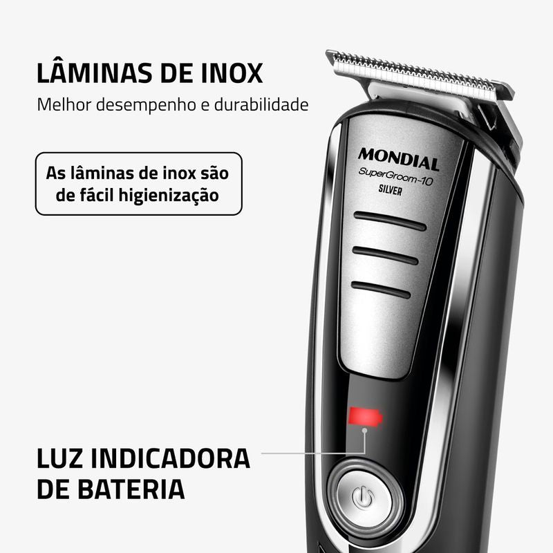 Detalhe das lâminas de aço inox e luz indicadora de bateria do Super Groom