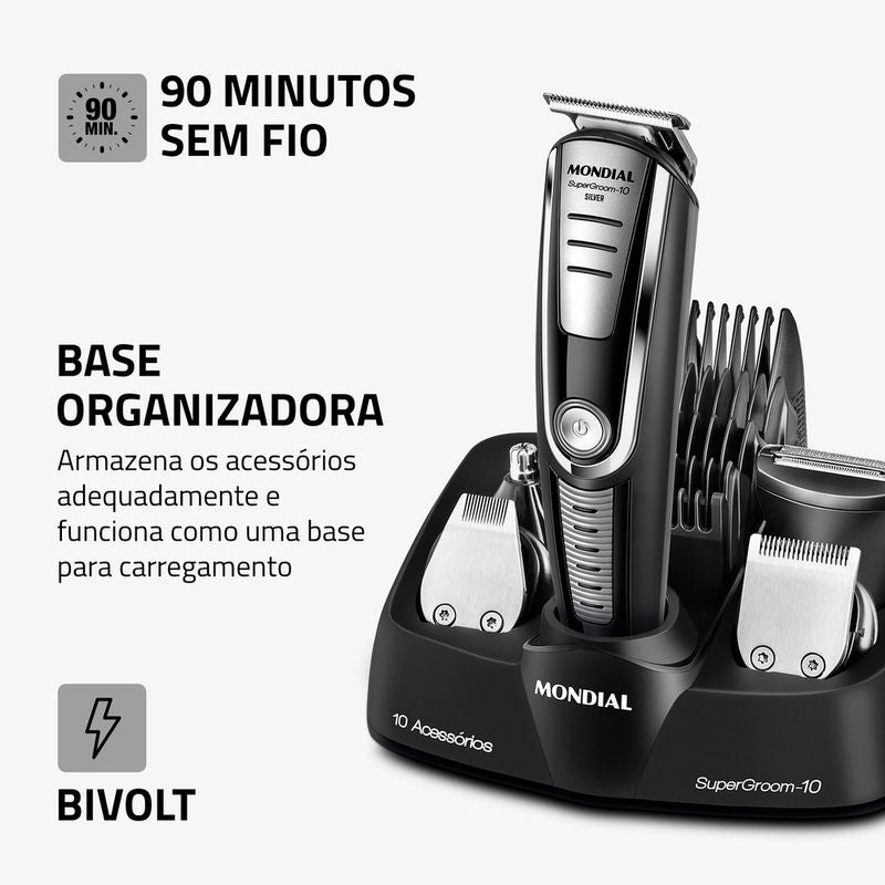 Mondial Super Groom 10 em 1: sem fio até 90 minutos, bivolt e base organizadora