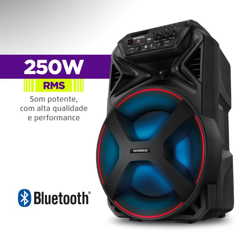 Caixa Amplificada Mondial Connect Partyplus CM-250 — 250W RMS, Bluetooth/USB/Rádio FM, Entrada de Microfone e Guitarra, Bateria Recarregável