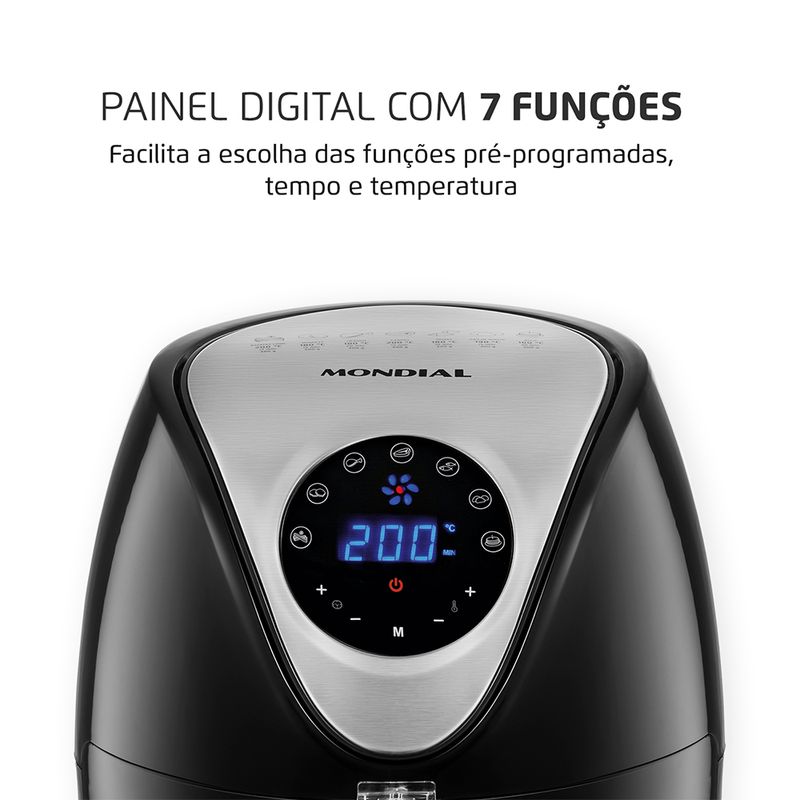 Painel digital touch com 7 funções pré-programadas da Air Fryer Mondial