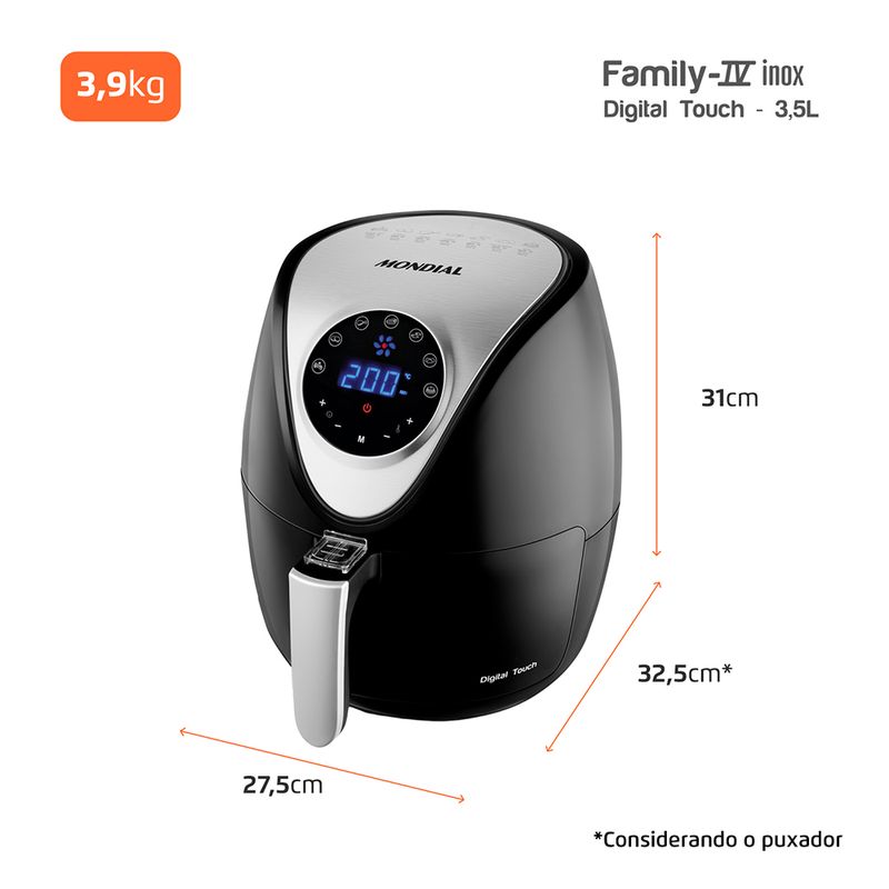 Air Fryer Mondial Family IV Inox Digital Touch 3,5L 1500W — Fritadeira Sem Óleo Compacta