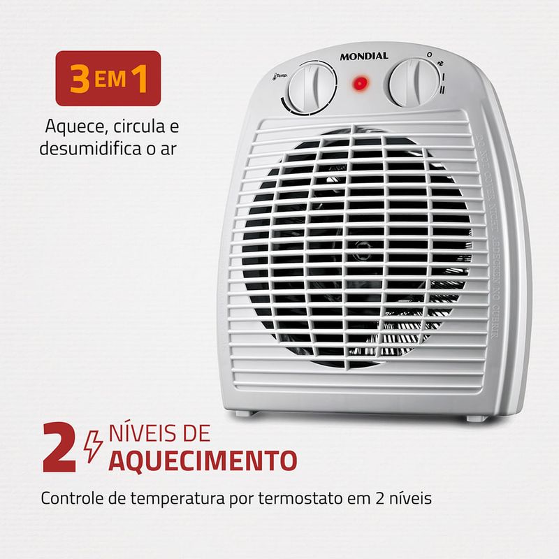 Mondial A-08 é 3 em 1: aquece, circula e desumidifica o ar, com 2 níveis de aquecimento