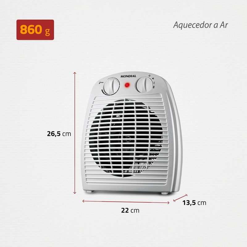 Dimensões do Mondial A-08: 26,5 cm de altura, 22 cm de largura, 13,5 cm de profundidade e 860 g