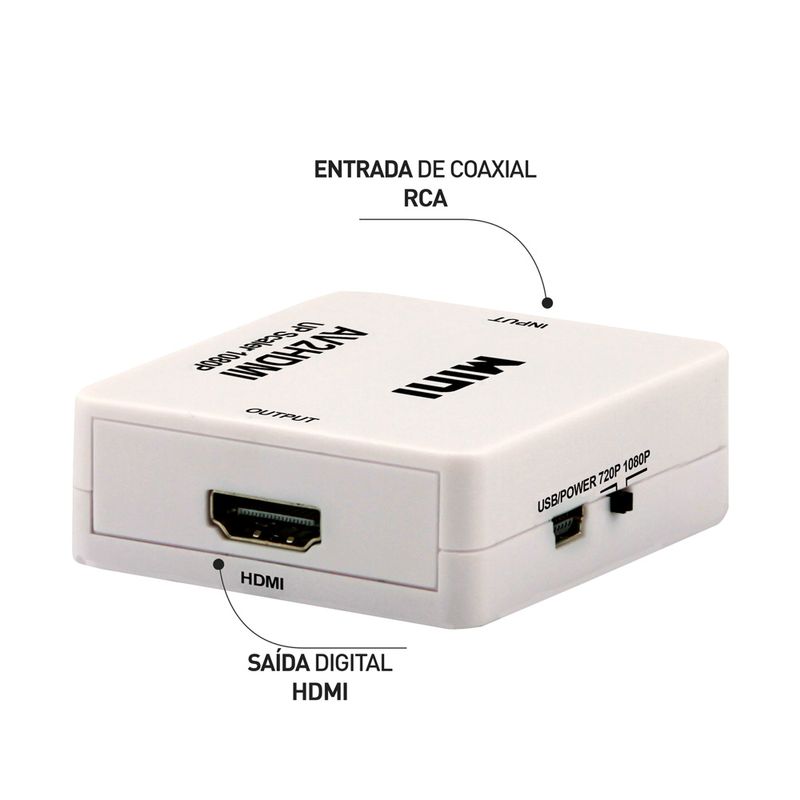Conversor RCA para HDMI mostrando as entradas de áudio e vídeo e a saída HDMI