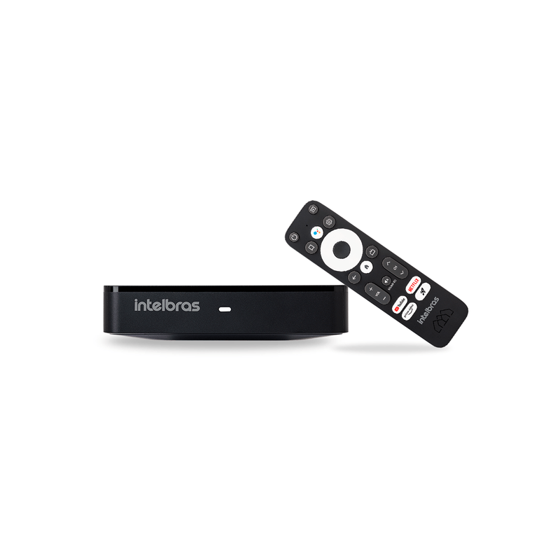Controle remoto Intelbras Izy Play em perspectiva com atalhos Netflix, YouTube e Prime Video