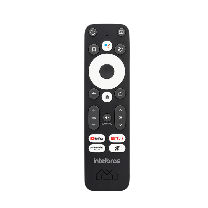 Controle remoto Bluetooth da Intelbras Izy Play com botão de comando de voz Google e atalhos de streaming