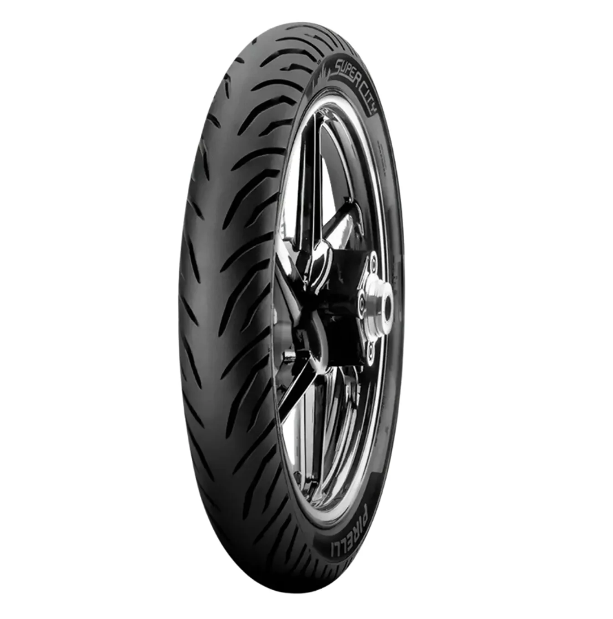 Pneu Pirelli Super City 90/90-18 em outro ângulo mostrando flanco e roda