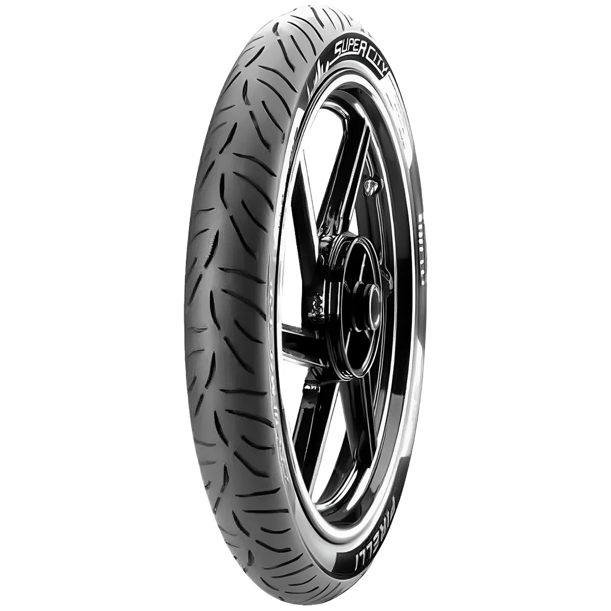 Pneu Pirelli Super City 90/90-18 em perfil mostrando o desenho da banda de rodagem