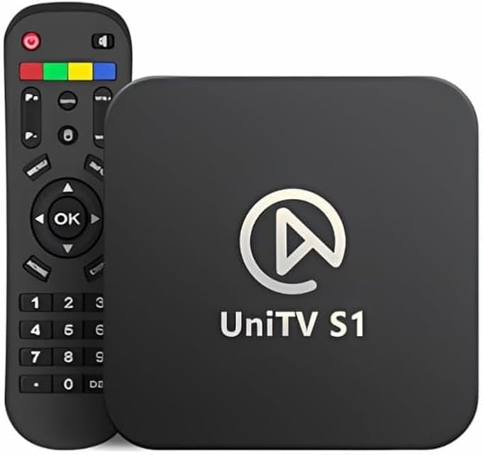 TV Box UniTV S1 4K preto com caixa e controle remoto em fundo branco