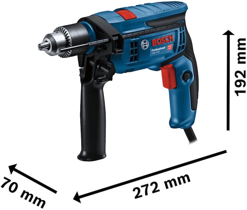Dimensões da furadeira Bosch GSB 13 RE: 272 mm de comprimento e 192 mm de altura