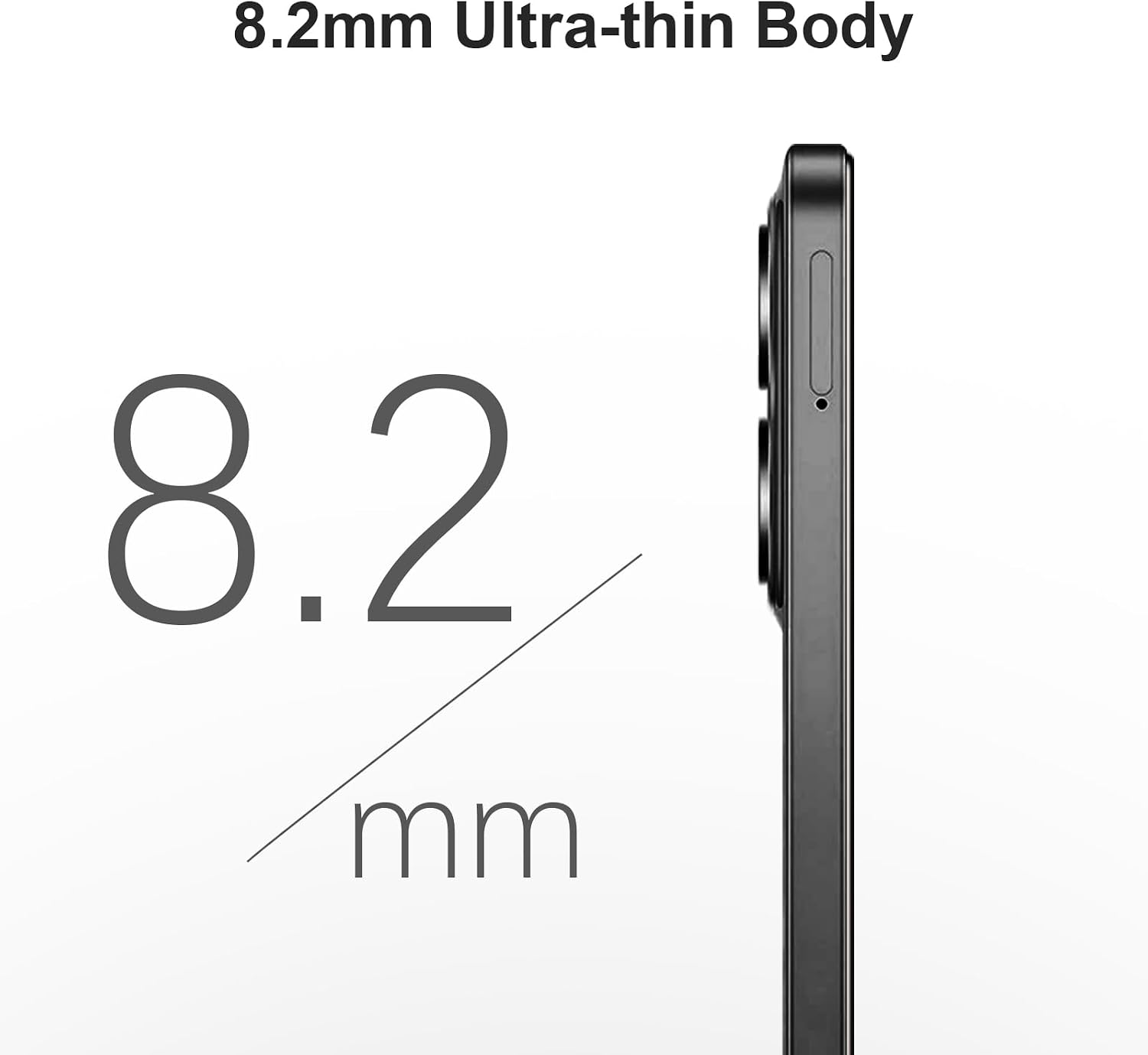 Redmi 15C preto de perfil mostrando o corpo fino de 8,2mm