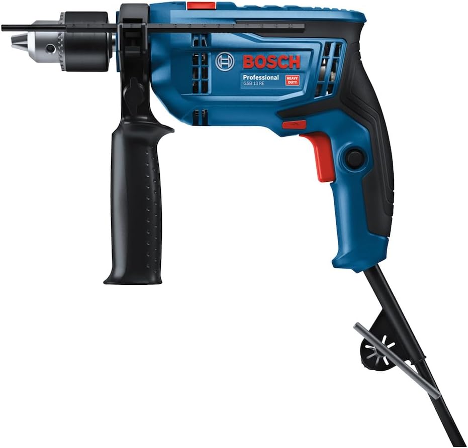 Furadeira Bosch GSB 13 RE 750W vista lateral com limitador de profundidade
