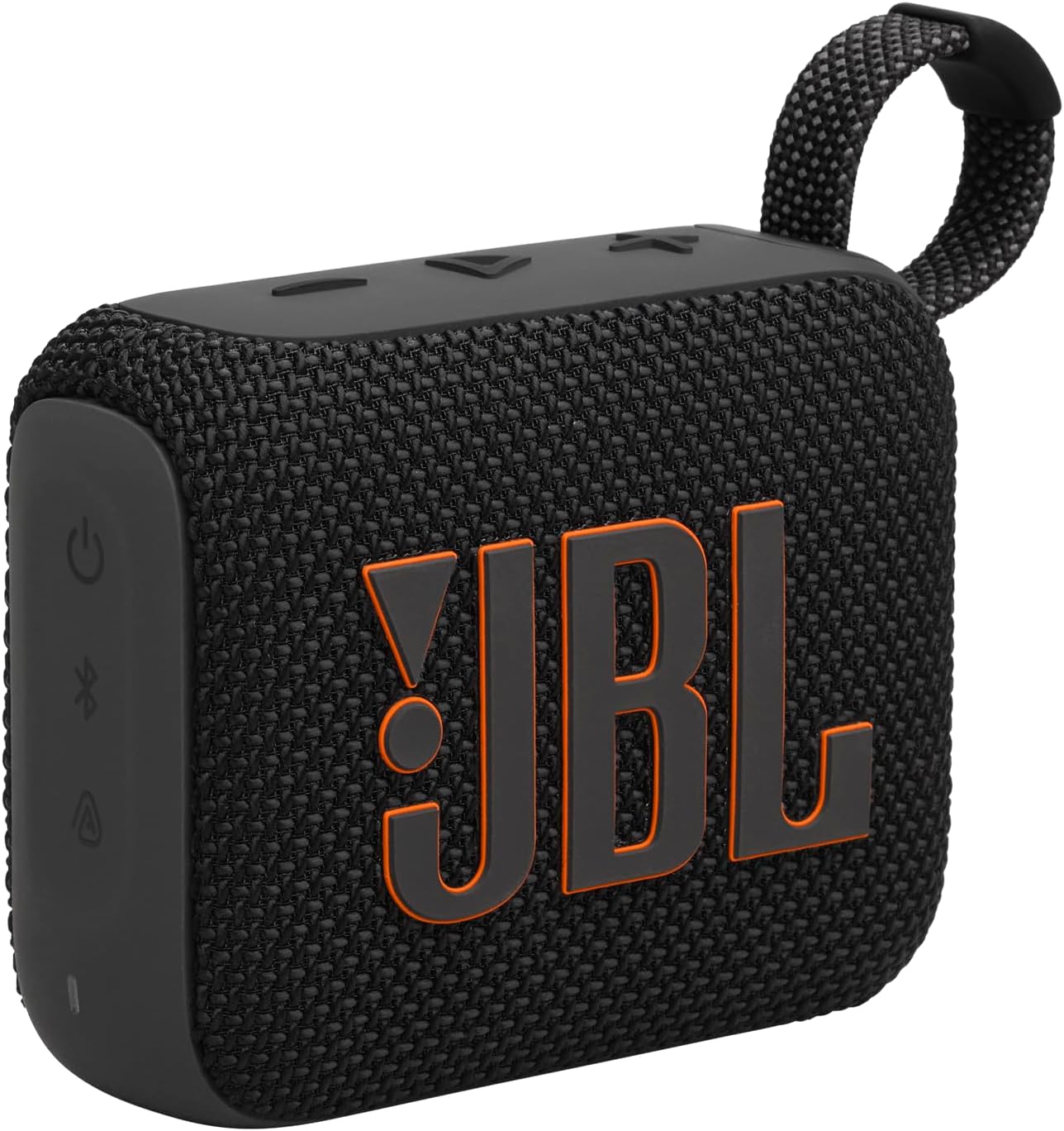 Caixa de som JBL Go 4 preta com logo JBL laranja e alça integrada em fundo branco