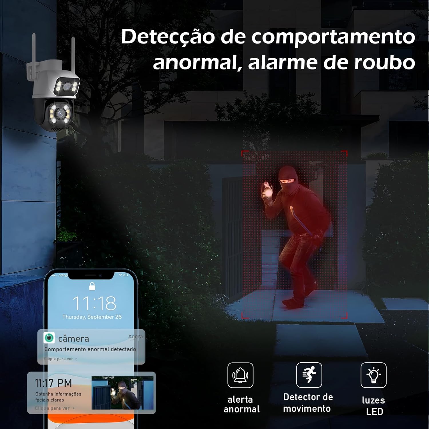Detecção de movimento com alerta de comportamento e notificação no celular durante a noite