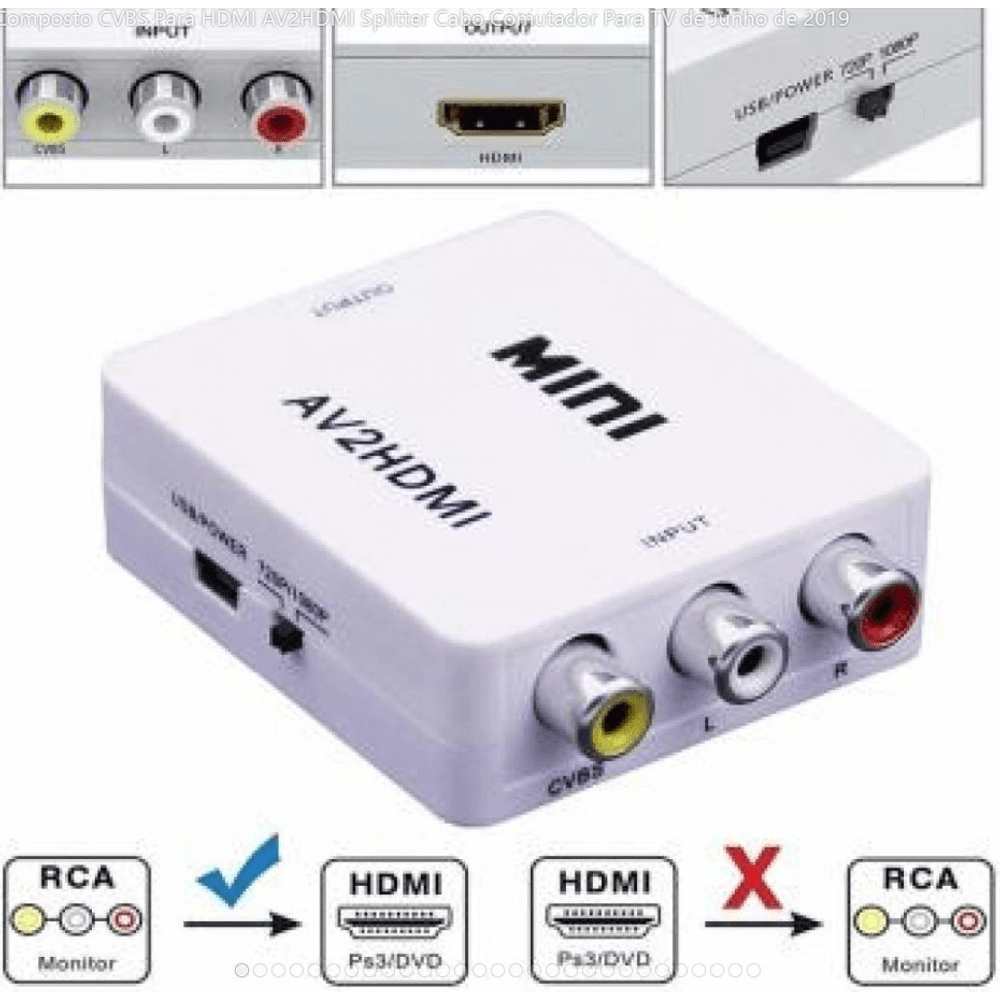 Conversor de vídeo RCA AV para HDMI ligado entre aparelho antigo e TV nova