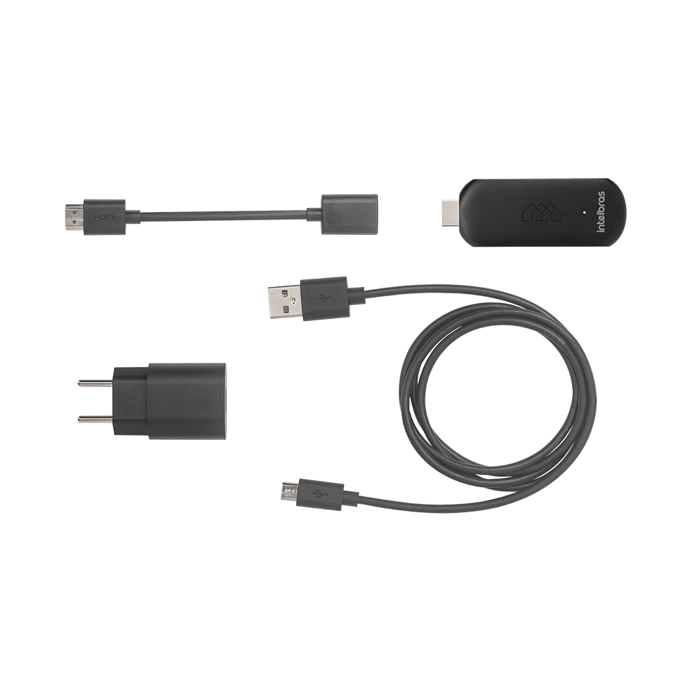 Conteúdo da caixa Intelbras Izy Play Stick: stick, fonte, cabo USB e extensor HDMI