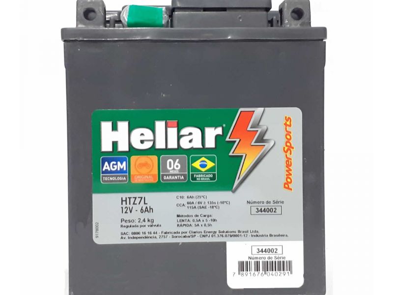 Bateria de Moto Heliar HTZ7L 12V 6Ah Selada AGM — Yamaha Fazer 250, XTZ 250 Lander, Ténéré 250, Honda CBX 250 Twister