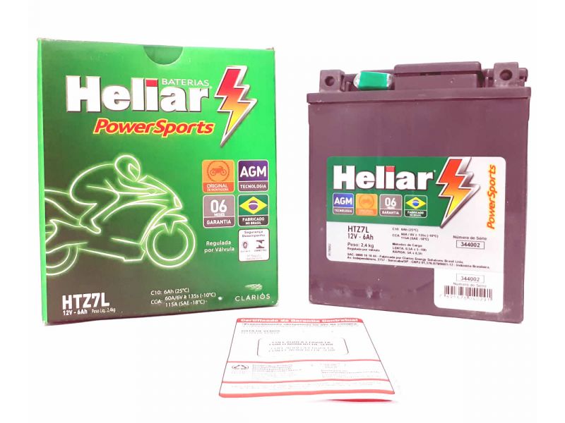 Bateria de Moto Heliar HTZ7L 12V 6Ah Selada AGM — Yamaha Fazer 250, XTZ 250 Lander, Ténéré 250, Honda CBX 250 Twister