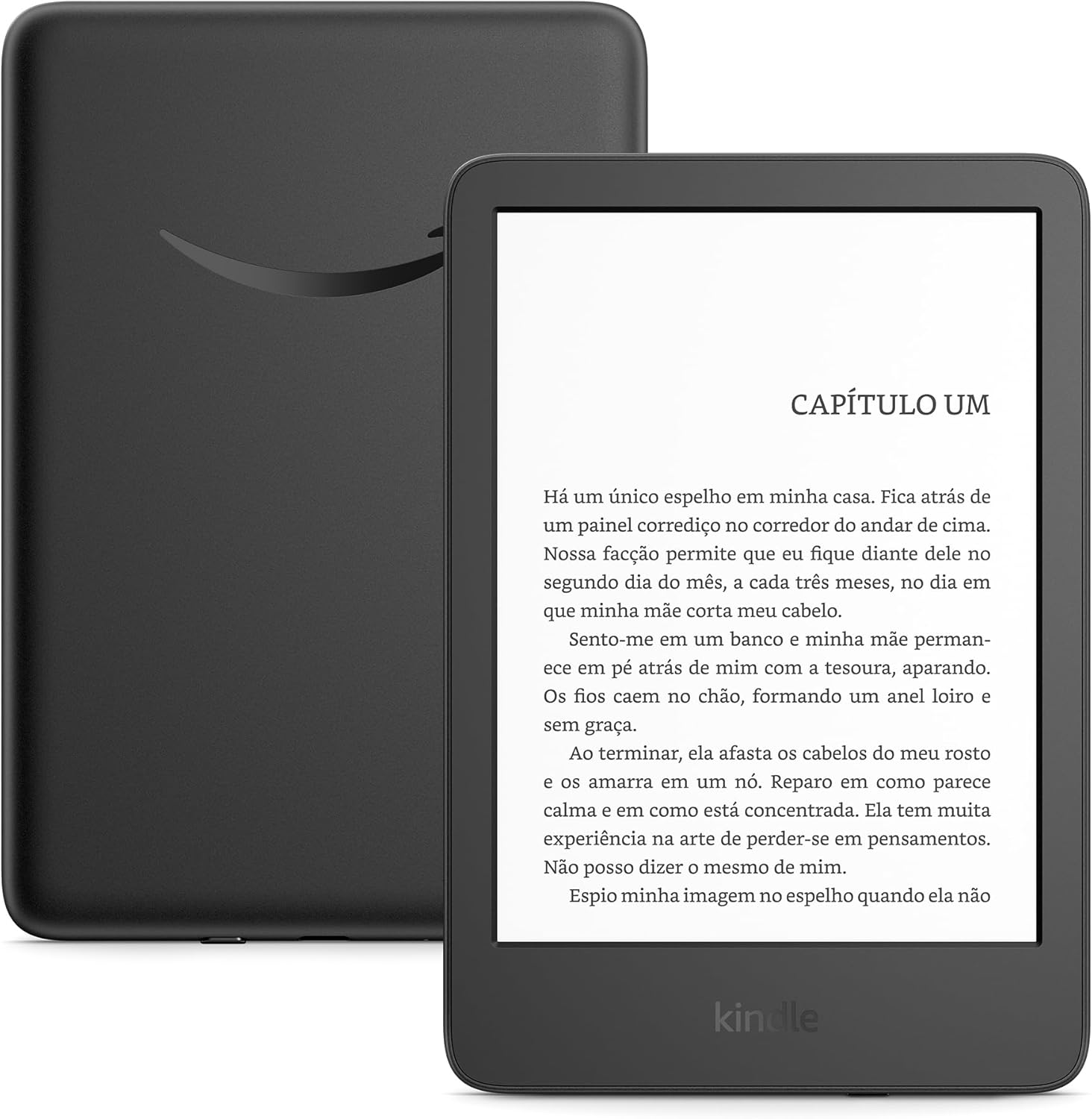 Kindle 16 GB preto modelo 2024 visto de frente e de costas com página de livro na tela