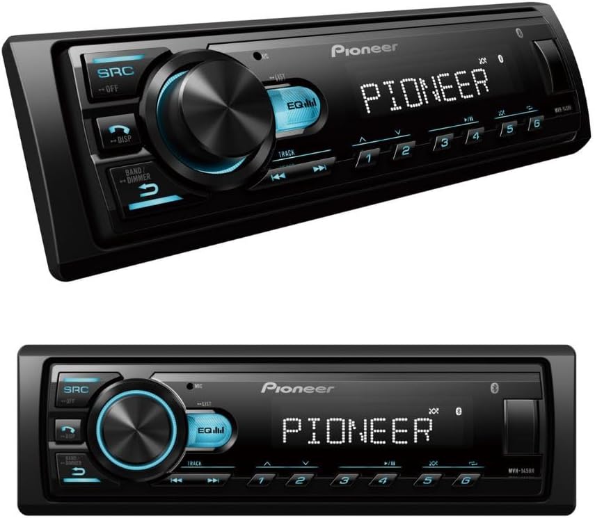 Rádio Pioneer MVH-145BR frente com display e iluminação