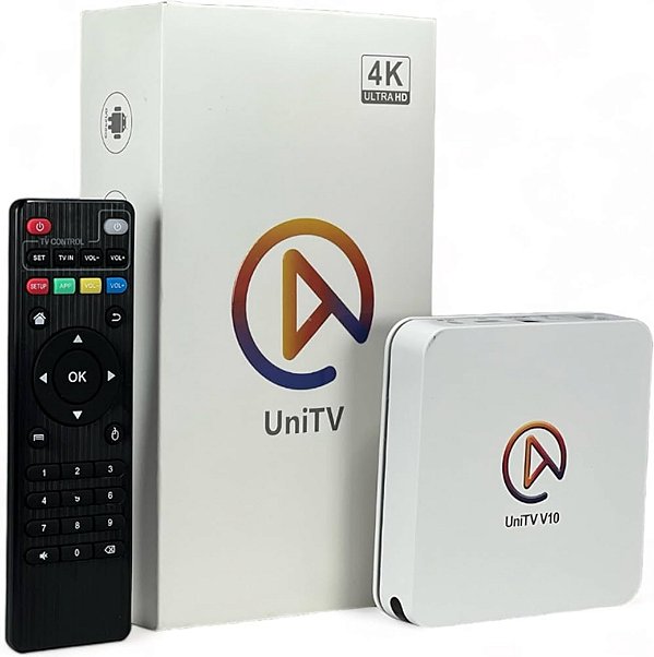 TV Box UniTV V10 4K branca com caixa e controle remoto em fundo branco